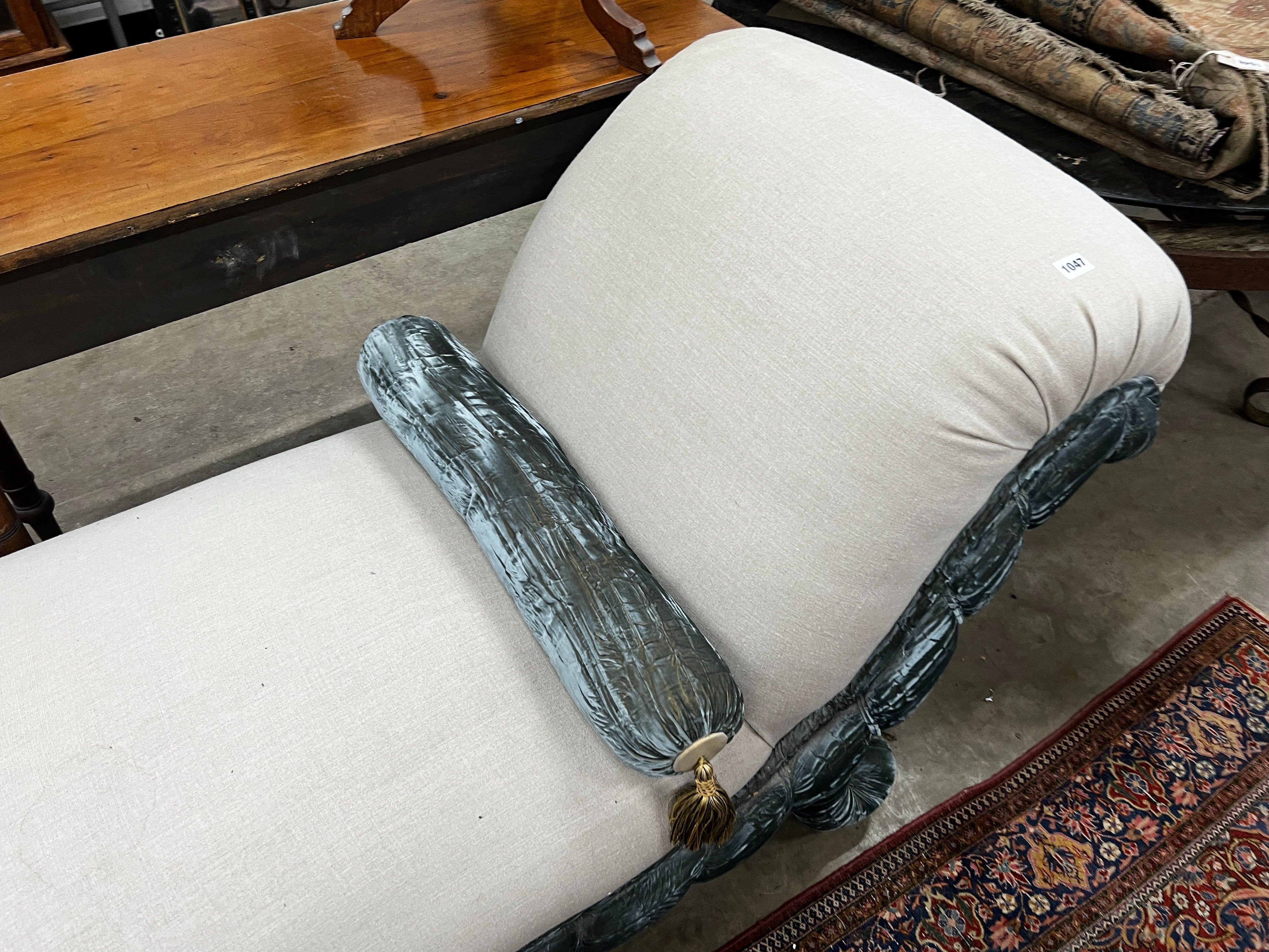 A Victorian daybed re-upholstered in natural linen fabric and turquoise velvet, width 70cm, length 180cm, height 84cm